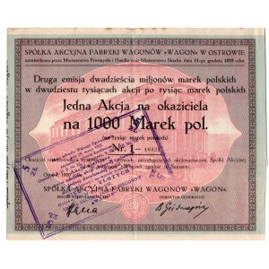 Société anonyme des usines de wagons « Wagon » à Ostrów, 1 000 marks polonais, 1919, RARE