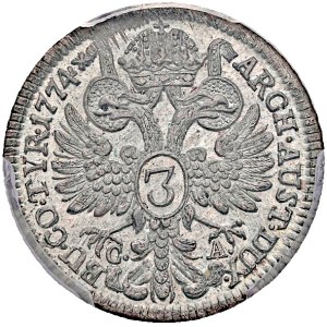 Marie Terezie (1740-1780), 3 Krejcar 1774-C-A, Vídeň, PSGS MS 62
