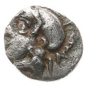 Arkádiá, Tegea (cca 423–400 pred n. l.), AR tetartemorion (1/4 obolu) 0,19 g; A: Hlava Atény s prilbou