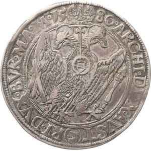 Rudolf II. (1576–1612), tolar z roku 1580, Jáchymov-Kádner „RR“ MKČ 393, varianta: za dátumom je krúžok