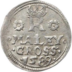 Rudolf II. (1576–1612), malý groš z roku 1589, Jáchymov-Hoffmann HN 8a, varianta: po bokoch
