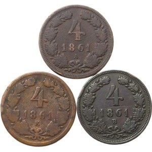 František Josef I.(1848-1918), 4 kr. 1861 A, B, E R 3 ks, hr.