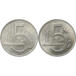 Obdobie rokov 1918–1938, 5 Kč z roku 1928, varianta: veľká + malá vlnovka na okraji, 2 ks
