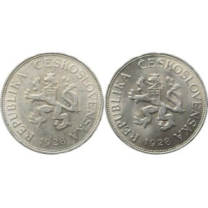 Obdobie rokov 1918–1938, 5 Kč z roku 1928, varianta: veľká + malá vlnovka na okraji, 2 ks