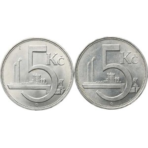 Obdobie rokov 1918–1938, 5 Kč z roku 1928, varianta: veľká + malá vlnovka na okraji, 2 ks