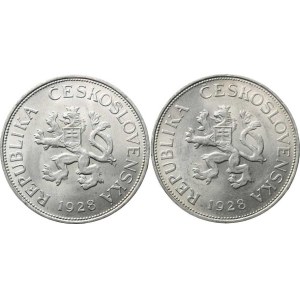 Obdobie rokov 1918–1938, 5 Kč z roku 1928, varianta: veľká + malá vlnovka na okraji, 2 ks