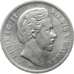 Bavaria, Ludwig II (1864–1886), 5 Mark 1874 D KM 502 (896); Schön 4, dark spot.