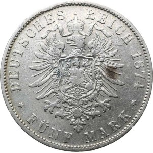 Bavaria, Ludwig II (1864–1886), 5 Mark 1874 D KM 502 (896); Schön 4, dark spot.