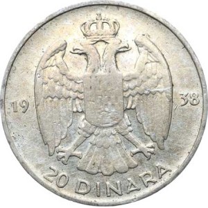 Yugoslavia, Peter II (1934–1945), 20 Dinars, 1938, KM 23, Ag 750, 9 g