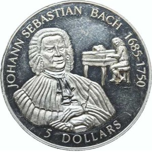 Cookinseln, 5 Dollar 1992 – Johann Sebastian Bach KM 150 Ag 500 10