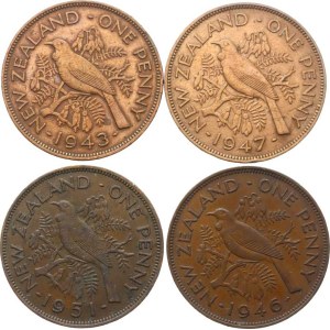 New Zealand, 1 Penny 1943, 1946, 1947, 1951 KM 13, 21 (4 pieces)