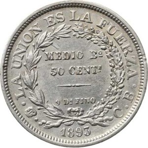Bolívia, 1/2 boliviano / 50 centavos, 1893, PTS, CB, KM 161, „R“