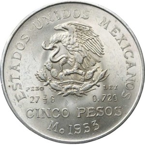 Mexiko, (1905–1992), 5 pesos, 1953, Mo – Hidalgo, KM 467, Ag 720, 27,78 g