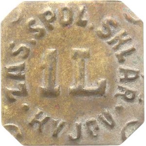 Czechoslovakia - emergency coins, stamps, Kyjov - 1 ZAS. SPOL. SKLÁŘ. brass sheet, 25x25 mm
