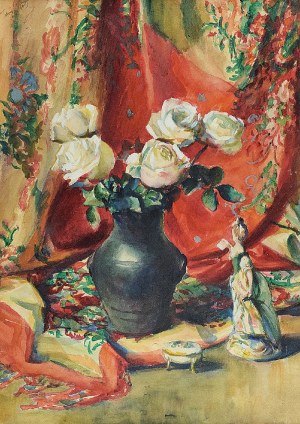 Teodor GROTT (1884-1972), Martwa natura z różami i figurką porcelanową