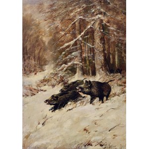 Christian Johann KRÖNER (1838-1911), Dziki w lesie, 1891