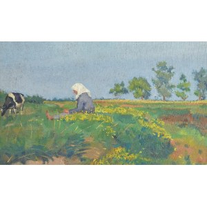 Stanisław DYBOWSKI (1895-1956), Na pastwisku - Pejzaż z kobietą pasącą krowy