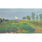Stanisław DYBOWSKI (1895-1956), Na pastwisku - Pejzaż z kobietą pasącą krowy