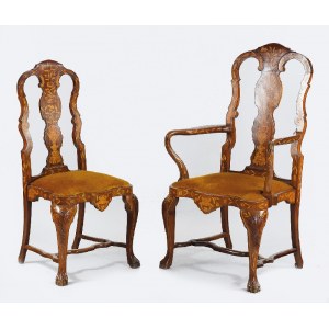Fotel i krzesło intarsjowane, w manierze holenderskiego baroku