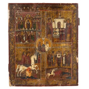 Russian Icon with the New Testament Trinity, the Mother of God Joy of All Who Sorrow, Saint George, and Saints - late 18th - early 19th century (c. 1790-1820)