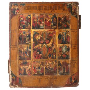 Russian Icon Depicting the Twelve Great Feasts with the Resurrection of Christ and the Anastasis at the Center - late 18th - early 19th century