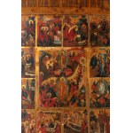 Russian Icon Depicting the Twelve Great Feasts with the Resurrection of Christ and the Anastasis at the Center - late 18th - early 19th century
