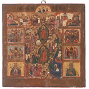 Russian Icon Depicting the Descent into Hades with Feast Scenes, the Mother of God of the Sign and Saint Christopher - late 18th - early 19th century