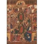 Russian Icon Depicting the Descent into Hades with Feast Scenes, the Mother of God of the Sign and Saint Christopher - late 18th - early 19th century