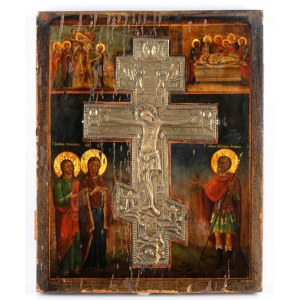 Russian devotional cross mounted on a painted panel - 19th century