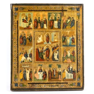 Russian icon depicting the Twelve Great Orthodox Feasts - Early 20th century