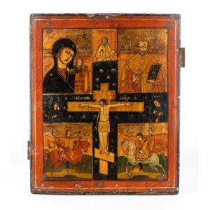 A four-panel Russian icon depicting the crucifixion of Christ and the Holy Protectors - Late 19th century