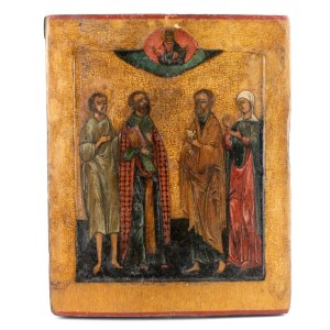 Russian Icon depicting the Holy Martyrs of Edessa (Gurias, Samonas, and Abibus) with Saint Euphemia - 19th century