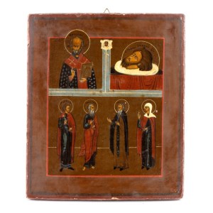 A multi-panel Russian icon with Saint Nicholas, the Beheading of Saint John the Baptist, Holy Martyrs of Edessa, Saint Euphemia and the Mandylion of Edessa - 19th century