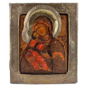 Russian Icon depicting the Virgin Eleousa with a metal riza - Early 20th century
