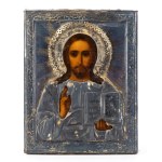 Russian Icon depicting Christ Pantocrator with a silver riza - Moscow, 1908-1926