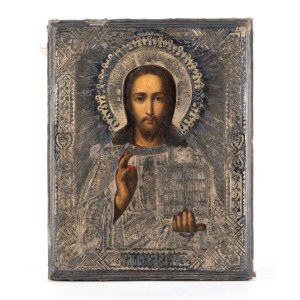 NIK. FED. STRULEV, Russian Icon depicting Christ Pantocrator with a silver riza - Moskow, 1886
