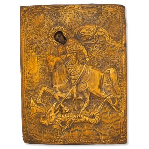 Russian icon depicting St George slaying the dragon with riza - second half of the 19th century (around 1860-1890)