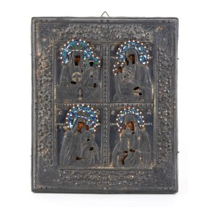 MIKH. ZORIN, Quadripartite Russian Icon with silver riza depicting Four Miraculous Images of the Mother of God - Moscow 1908-1926