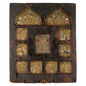 Wooden panel with applied metal icons - 19th century