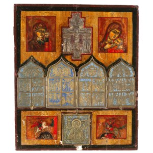 Russian Composite Devotional Shrine (Kiot) with Bronze Travelling Icon (Skladen'), Crucifix and Devotional Plaques - late 19th century (circa 1880-1900)
