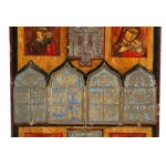 Russian Composite Devotional Shrine (Kiot) with Bronze Travelling Icon (Skladen'), Crucifix and Devotional Plaques - late 19th century (circa 1880-1900)
