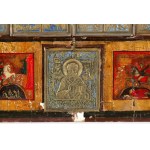 Russian Composite Devotional Shrine (Kiot) with Bronze Travelling Icon (Skladen'), Crucifix and Devotional Plaques - late 19th century (circa 1880-1900)