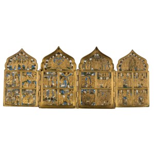 Travel polyptych depicting the twelve Orthodox feasts and four miraculous apparitions of the Virgin Mary - 19th century