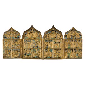 Travel polyptych depicting the Twelve Orthodox Feasts and four miraculous apparitions of the Virgin - 19th century
