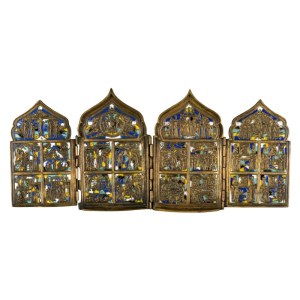 Travel polyptych depicting the Twelve Orthodox Feasts and four miraculous apparitions of the Virgin - 19th century