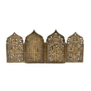 Travel polyptych depicting the Twelve Orthodox Feasts and four miraculous apparitions of the Virgin - 19th century