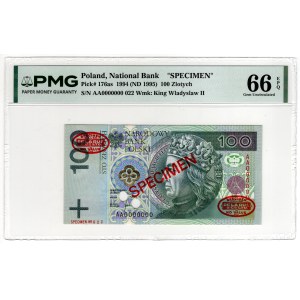 100 zlotych, 1994, series AA 0000000, SPECIMEN No. 022, DE LA RUE &amp; Co LTD—a piece illustrated in Czesław Miłczak’s catalog—PMG 66 EPQ