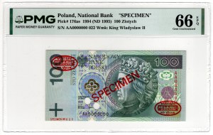 100 złotych 1994, seria AA 0000000, SPECIMEN No 022, DE LA RUE & Co LTD - egzemplarz ilustrowany w katalogu Czesława Miłczaka - PMG 66 EPQ