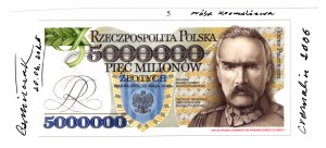 5 000 000 Złotych 1995 - BEZ SERII I NUMERU, JEDNOSTRONNY DRUK PRÓBNY, UNIKAT Z AUTOGRAFEM CZESŁAWA MIŁCZAKA !!!