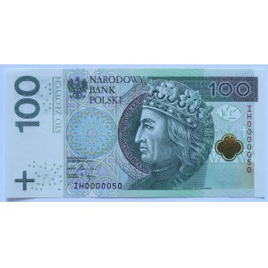 100 zlotych, 2018, IH series 0000050 — very low serial number